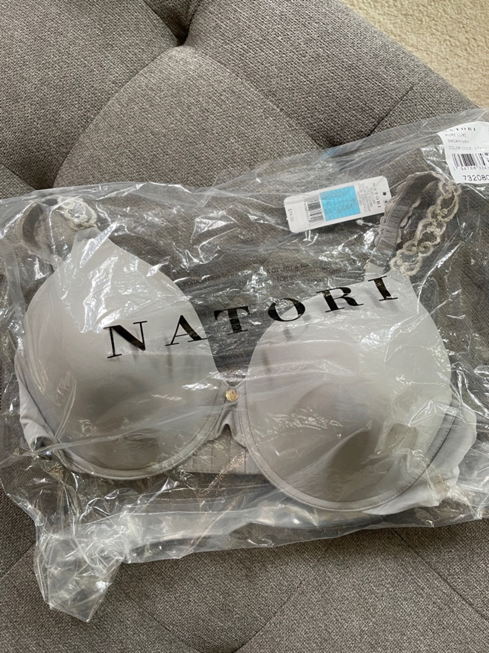 NWT Natori Light Gray Pure Luxe Lace-Trim Everyday Luxury T-Shirt Bra 38C